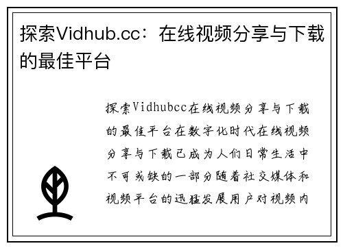 探索Vidhub.cc：在线视频分享与下载的最佳平台